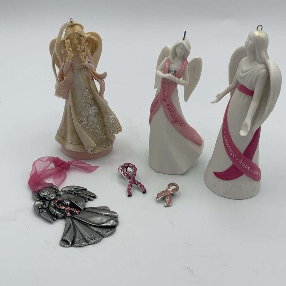Lot of 6 Breast Cancer Awareness Angel Ornaments & Pink Ribbon Pins – Hope